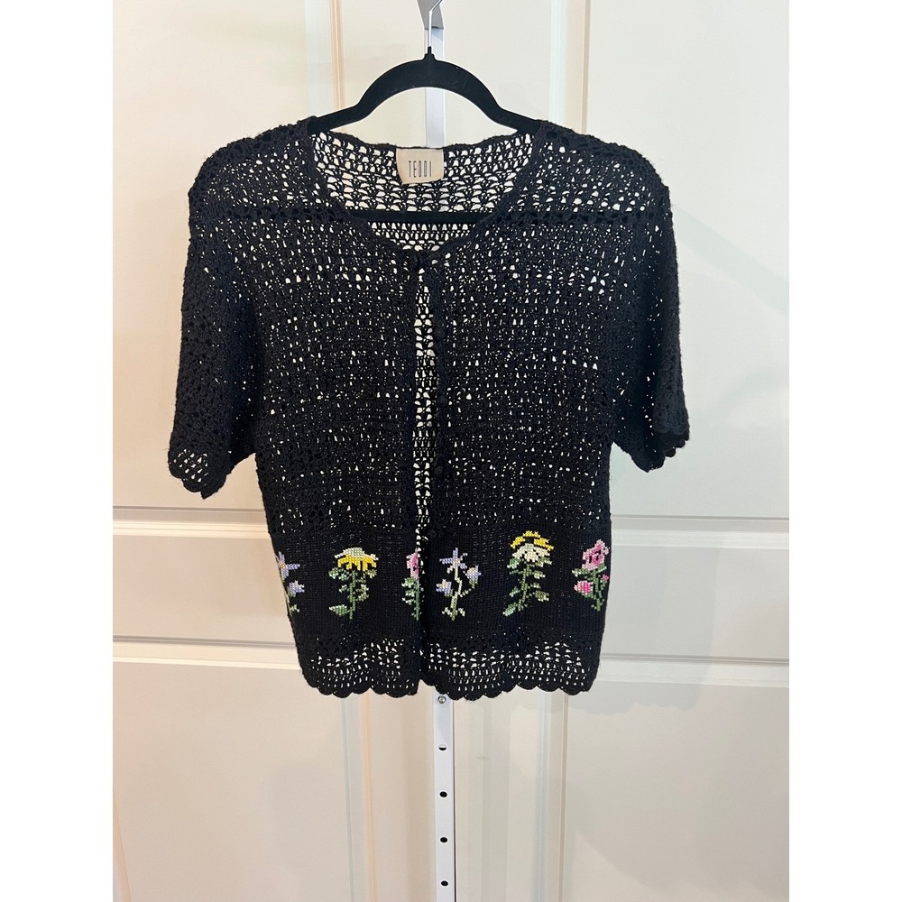 Vintage Teddi Black Crochet Knit Floral Embroidered Short Sleeve Cardigan Top - Picture 2 of 6